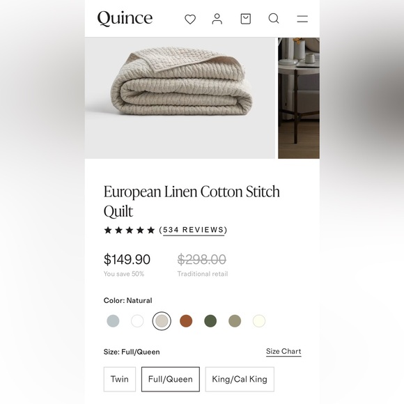 Quince Natural European Linen Cotton Stitch Quilt ** SEE DESCRIPTION - Picture 1 of 5